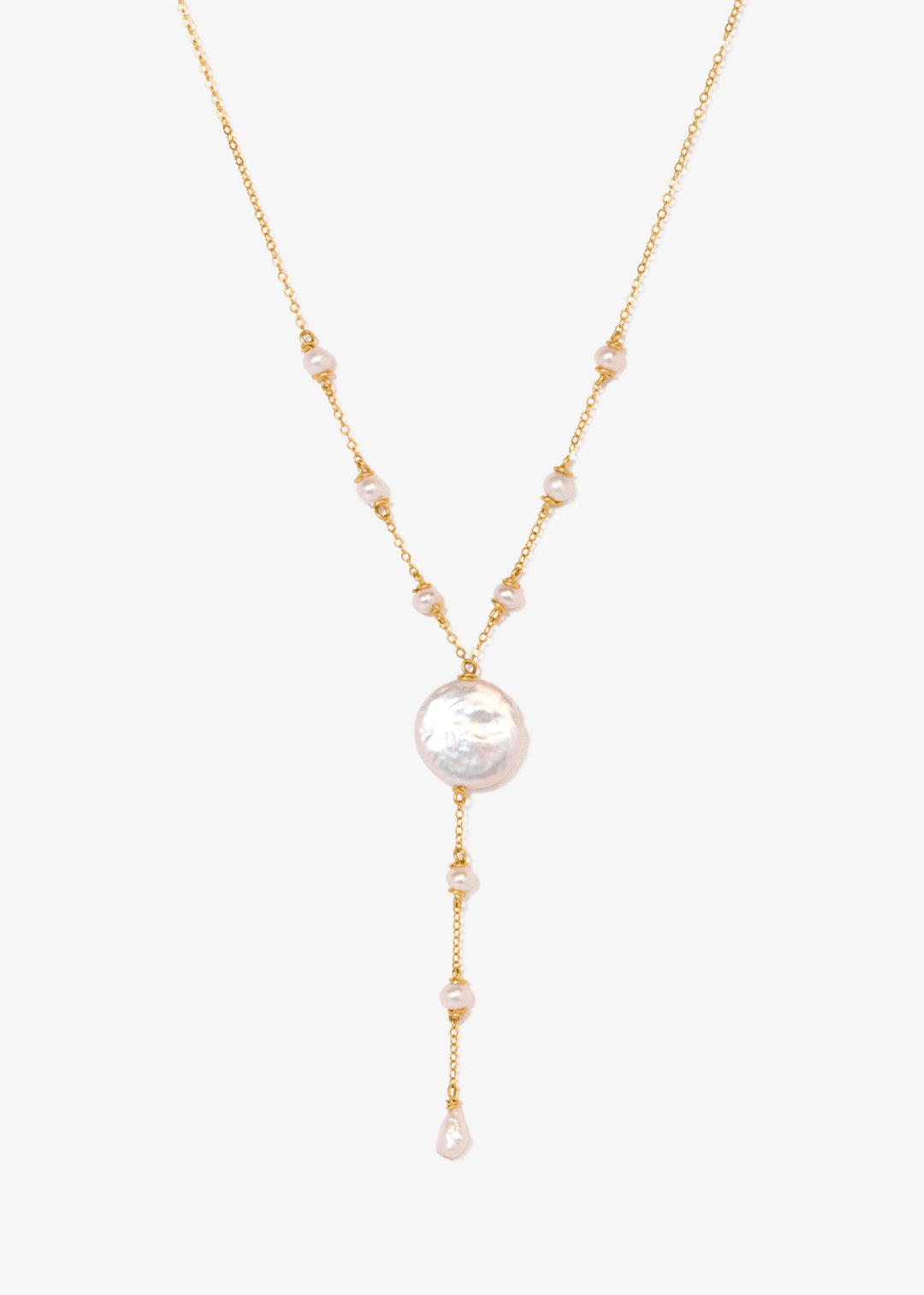 Gold-filled necklace with pearl seeds and  a large coin pearl