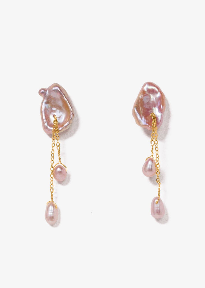 Pink keshi pearl earrings with gold-filled chains and dangling pearls