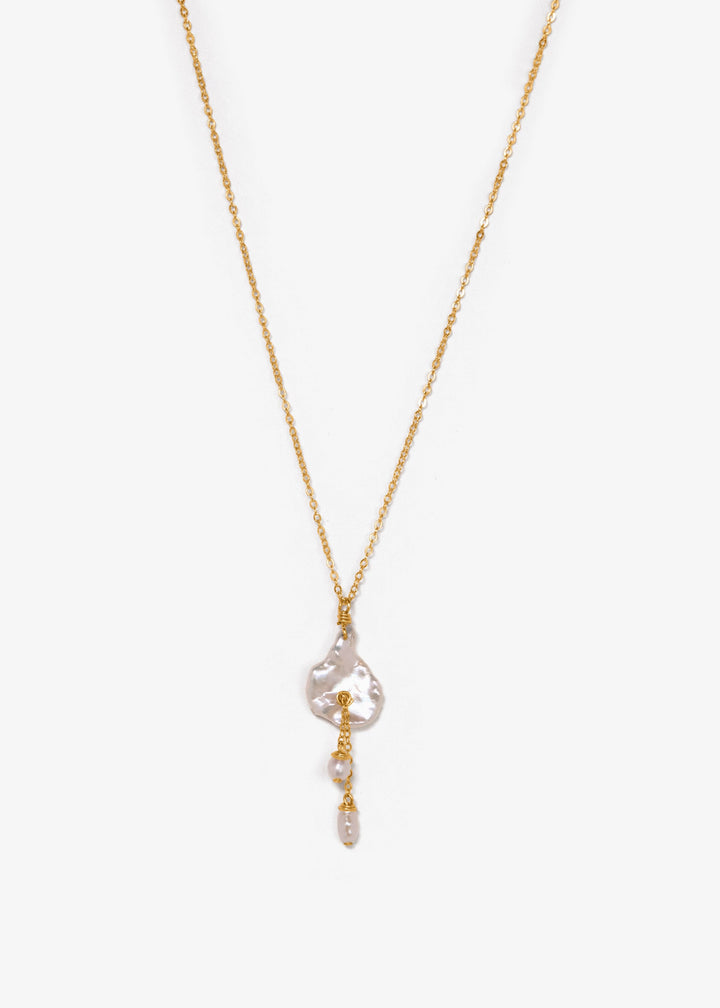 Gold-filled necklace with one large keshi and two dainty pearls