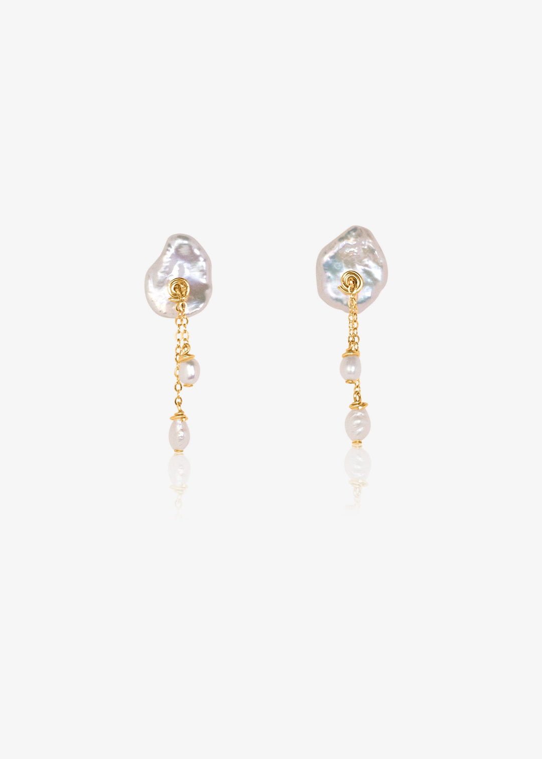 A keshi pearl earrings with gold-filled chains and dangling pearls