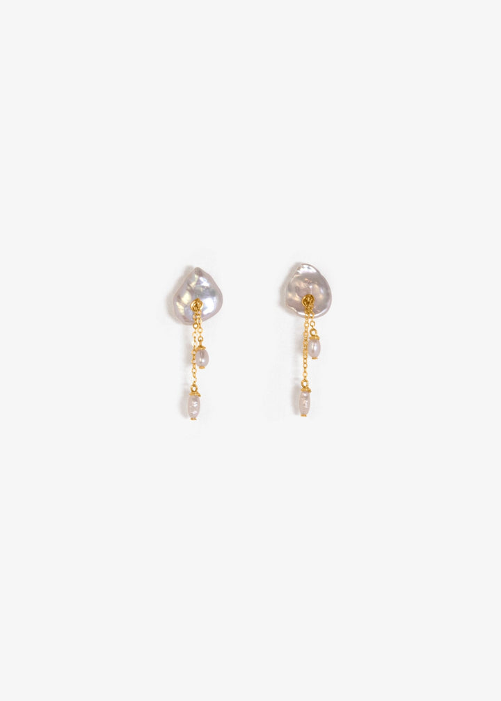 A keshi pearl earrings with gold-filled chains and dangling pearls