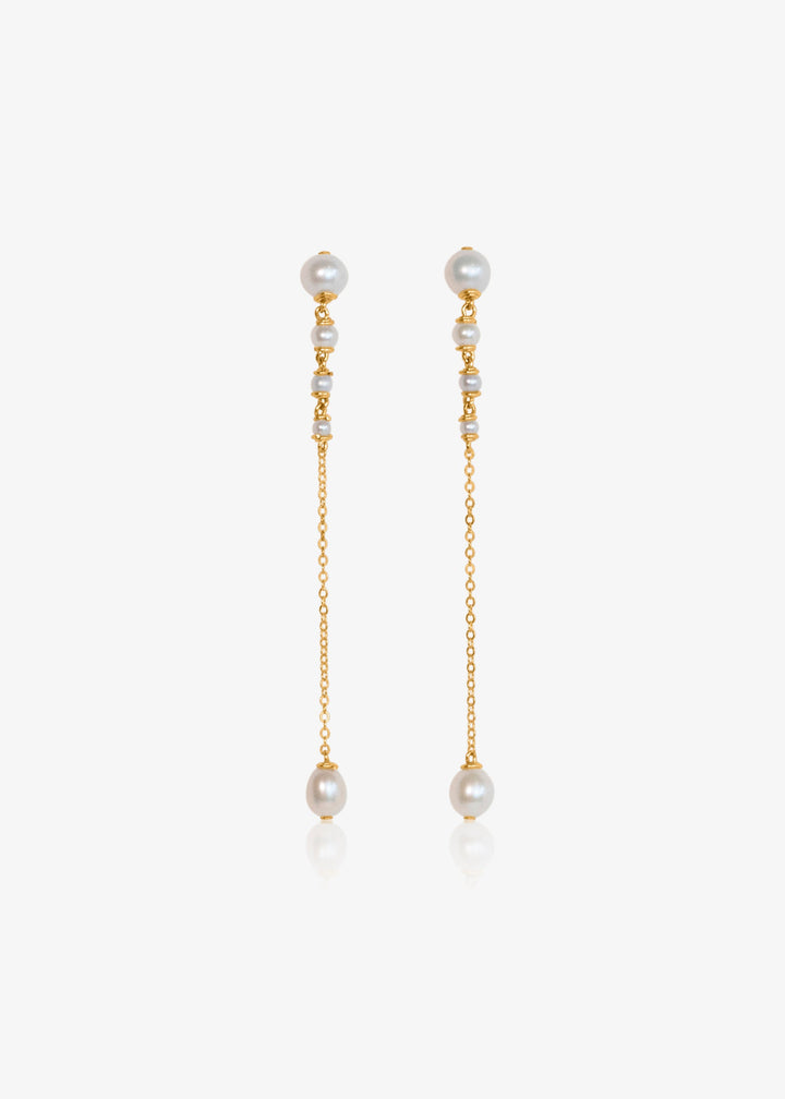 Lucine Earrings - Three inches of effortless elegance. These earrings feature pearls that flow from larger to smaller, ending in a single teardrop pearl. Suspended from a reflective chain, the Lucine Earrings pair beautifully with the Lucine Necklace for