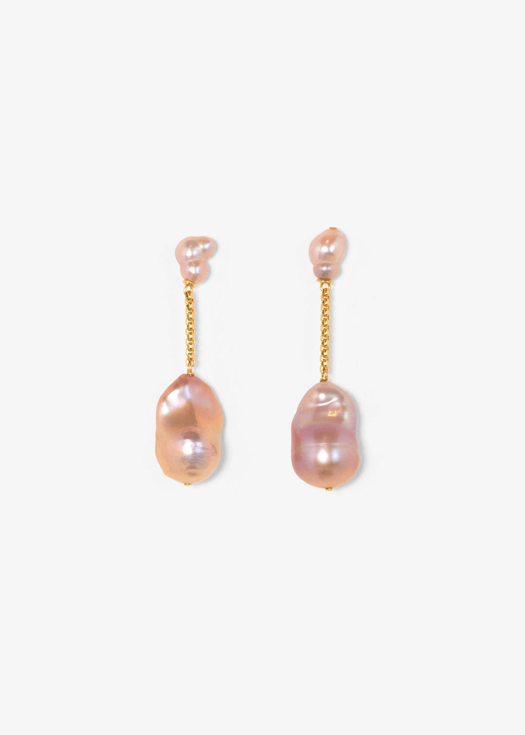 Lyra - Suspended from a delicate round box chain, luminous pink baroque pearls bring a touch of soft sophistication. Their irregular forms catch the light beautifully, celebrating individuality in every detail. 14K Solid Gold Pink Freshwater Baroque Pearl