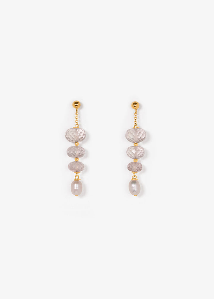 Gold-filled earrings with three crystal quartz and a pearl vertically