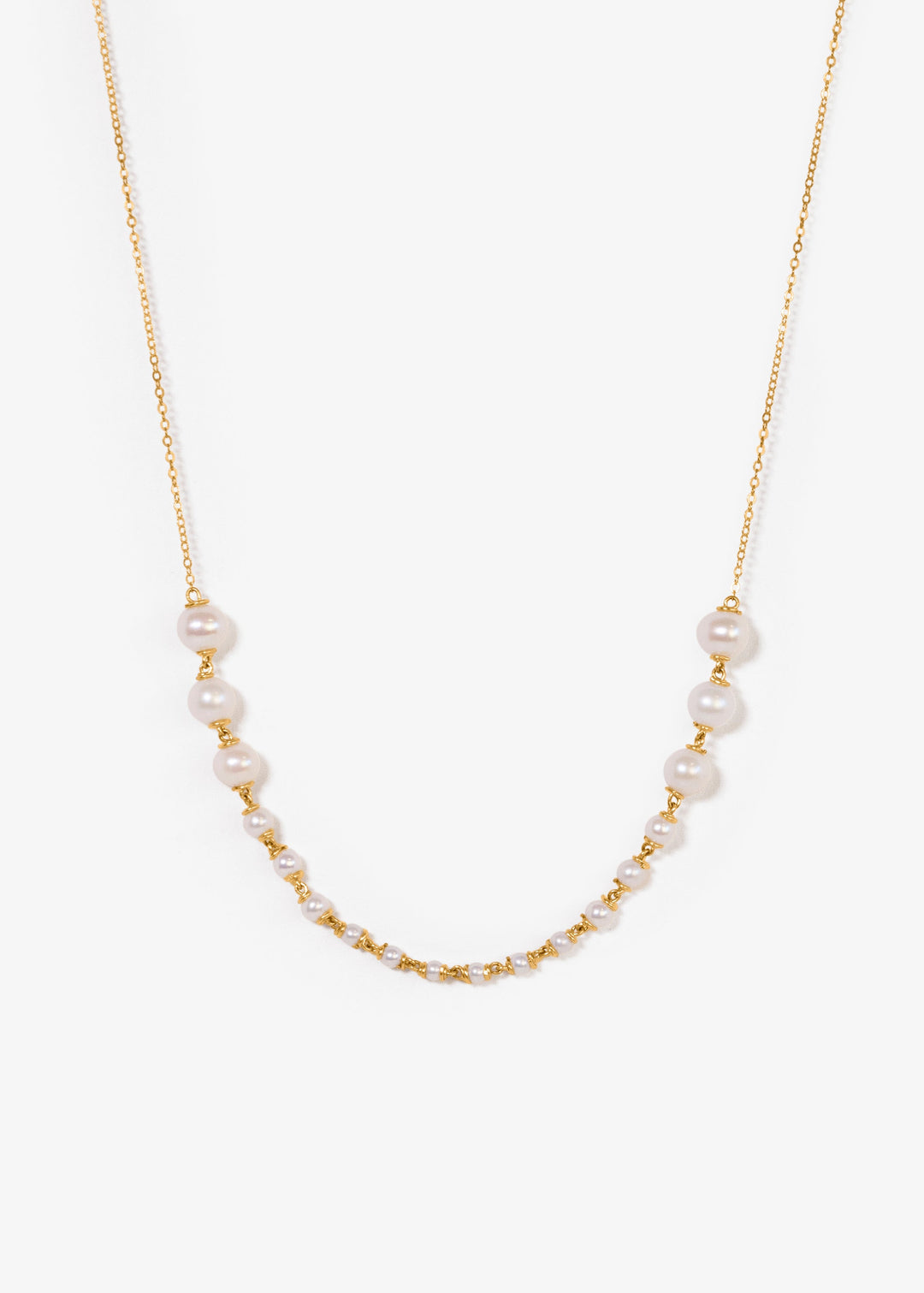 Odette Necklace - Lustrous pearls graduate from large to small toward the center front, meeting a sleek, reflective chain. The Odette is refined yet easy to wear, perfect from day to evening. 14K Gold-Filled Metals Tarnish-Resistant &amp; Hypoallergenic AAA G