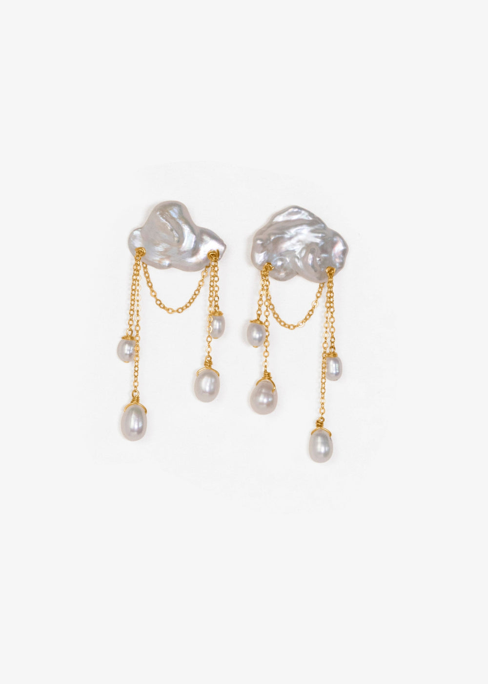 Solid gold earrings with a keshi pearl and dangling teardrop pearls