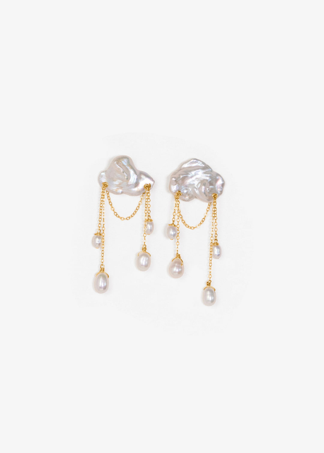 Solid gold earrings with a keshi pearl and dangling teardrop pearls