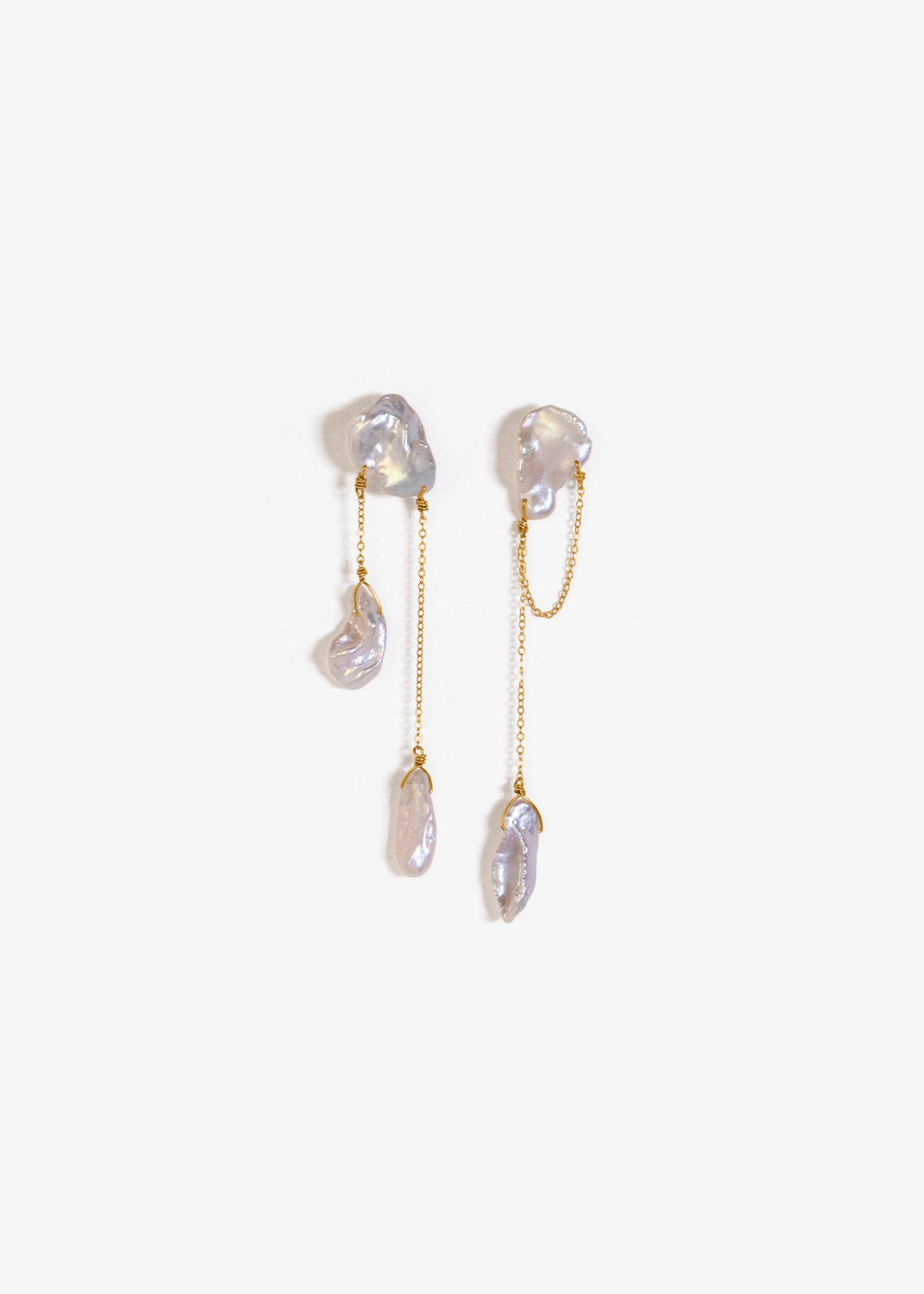 Solid gold earrings with different shaped keshi pearls