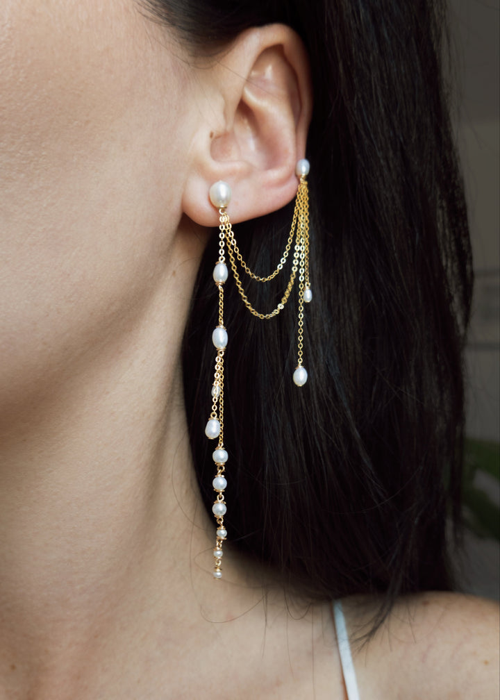Close-up of an ear wearing a gold earring with pearl drops.