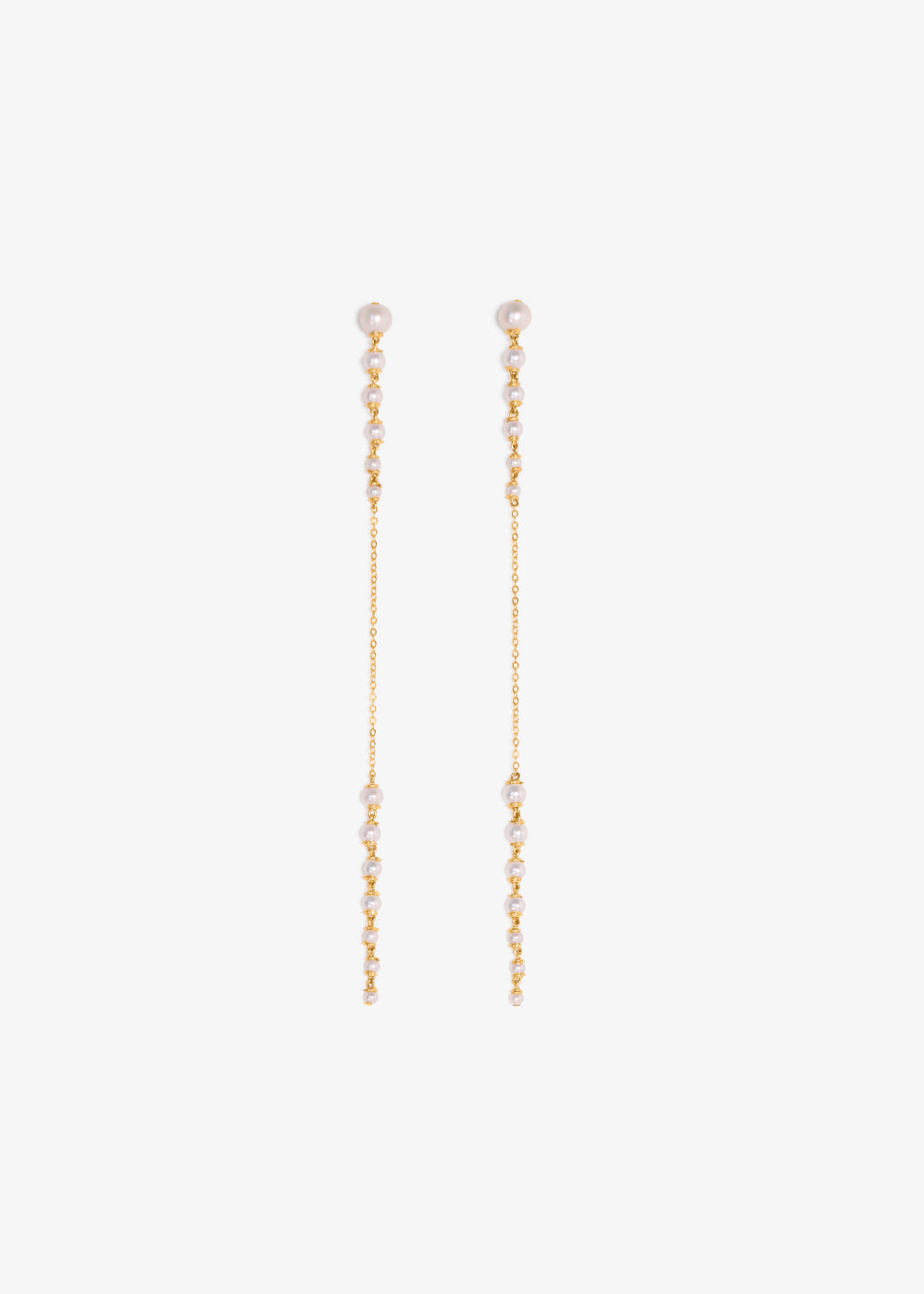 Posy earrings, two pearl clusters linked by a long gold chain