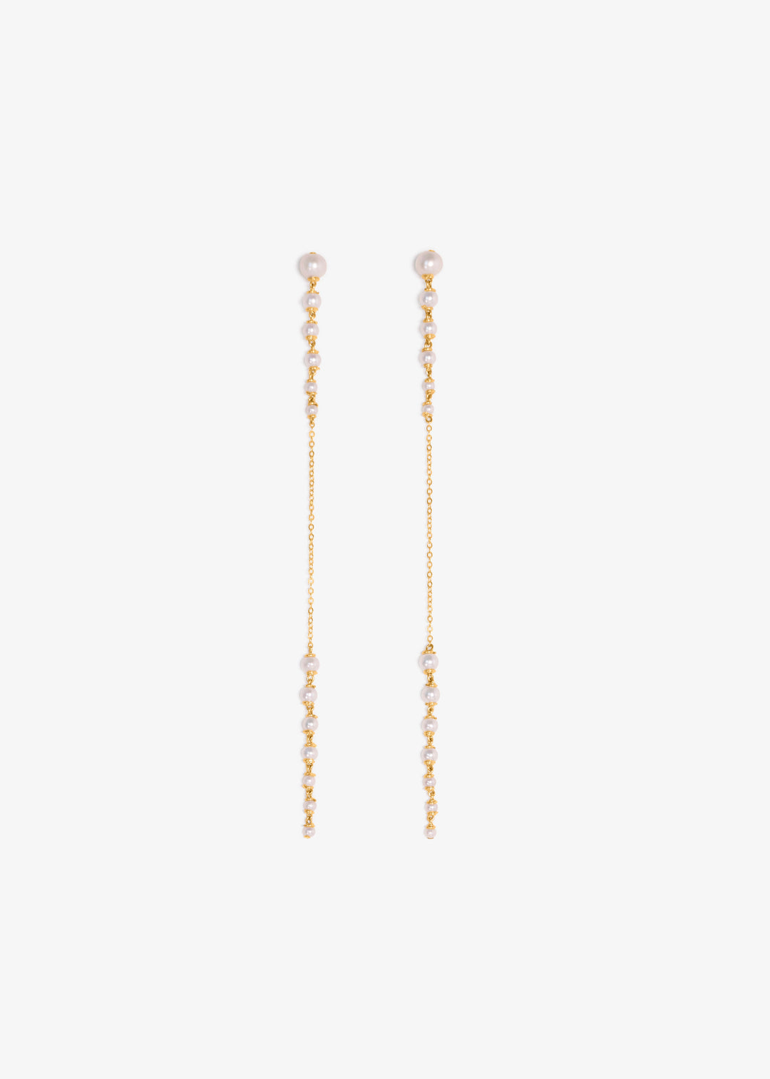 Posy earrings, two pearl clusters linked by a long gold chain
