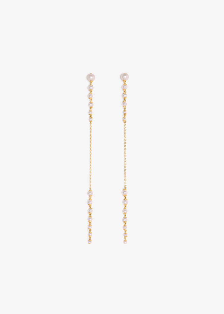 Posy earrings, two pearl clusters linked by a long gold chain