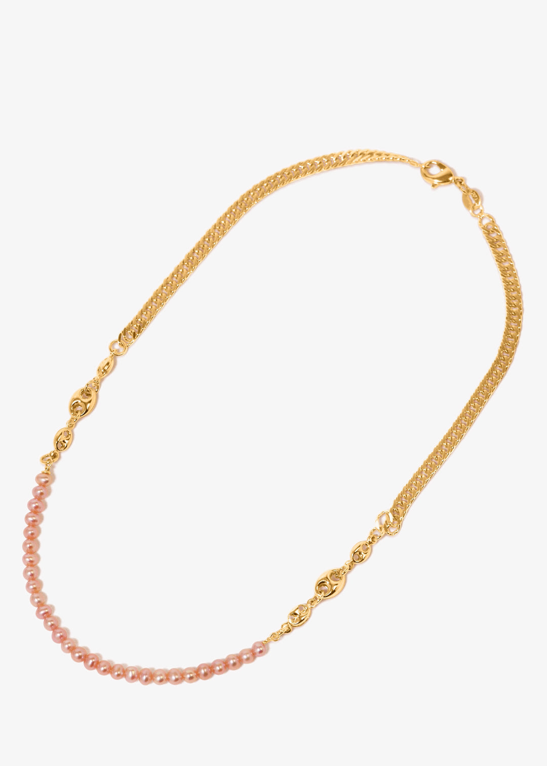 Necklace with gold-filled chunky chain and lustrous pink pearls