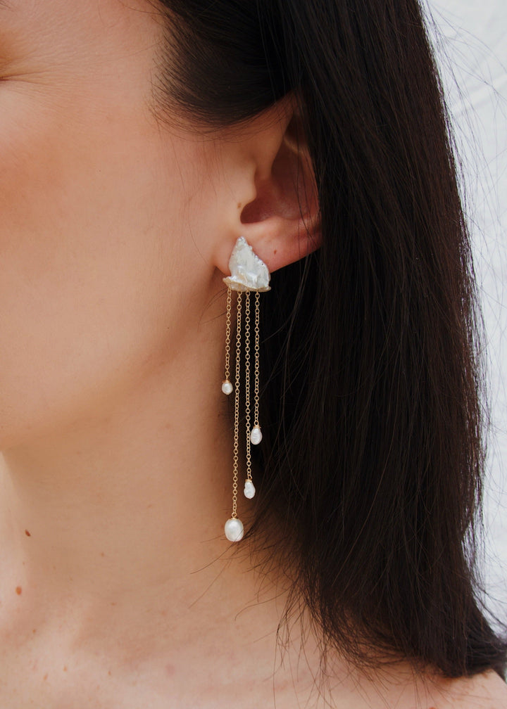 Keshi Pearl earrings with 4 long pearl drop chains