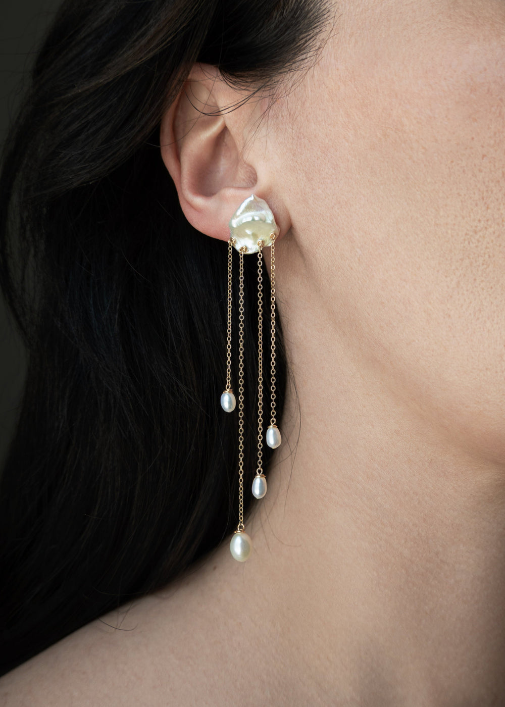 Keshi Pearl earring with 4 long pearl drop chains