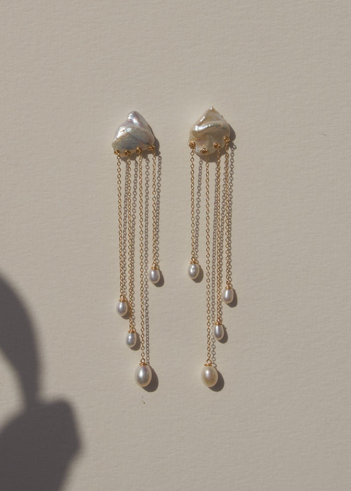 Keshi Pearl earrings with 4 long pearl drop chains