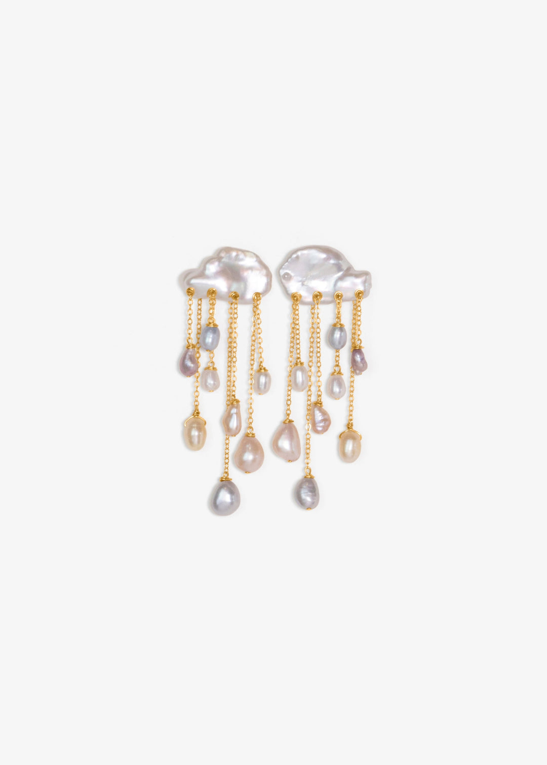 Rainstorm - These earrings feature two keshi pearls at the top, their textured shapes resembling thunderclouds, with colorful teardrop pearls cascading below like falling raindrops. Suspended from dainty chains at varying lengths, they create a striking d