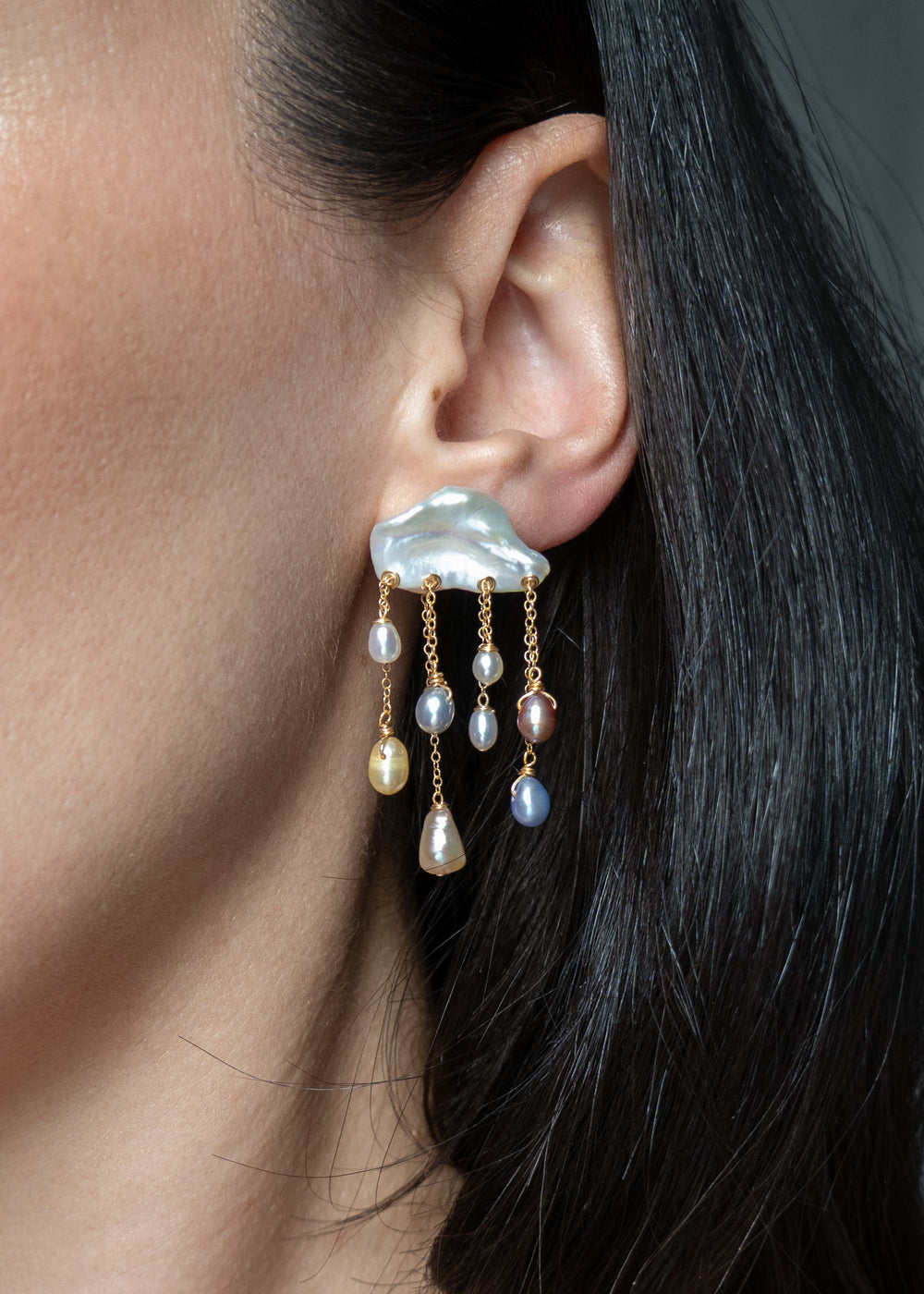 Rainstorm earrings worn on a model's ear