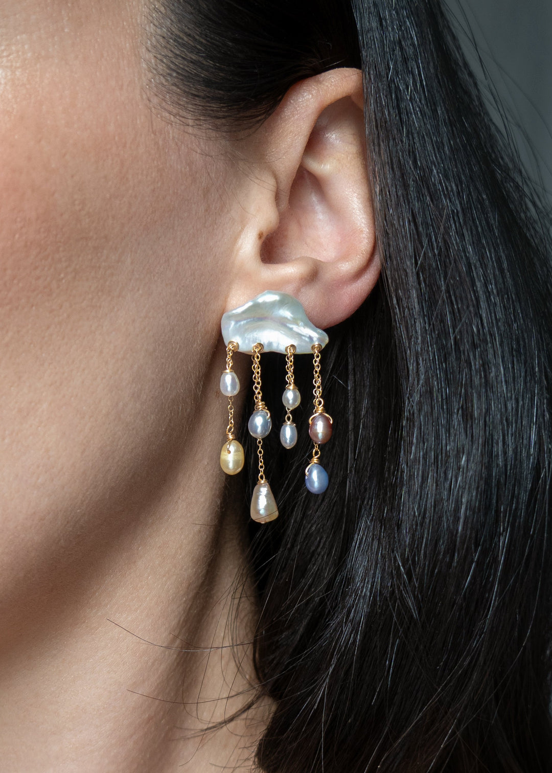 Rainstorm earrings worn on a model&