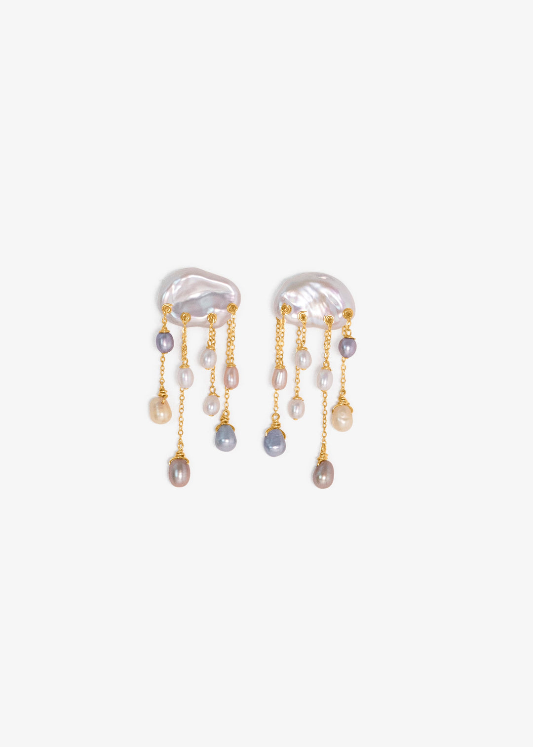 Rainstorm earrings, large pearl with four gold chains of mixed rice pearls