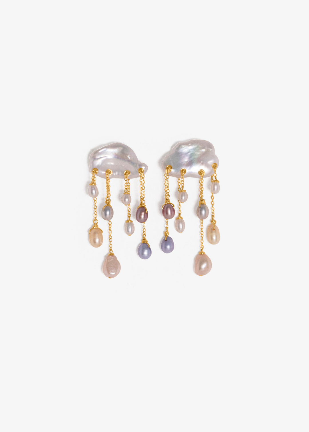 Rainstorm earrings, keshi pearl clouds with gold chains and multicolored teardrop pearl raindrops