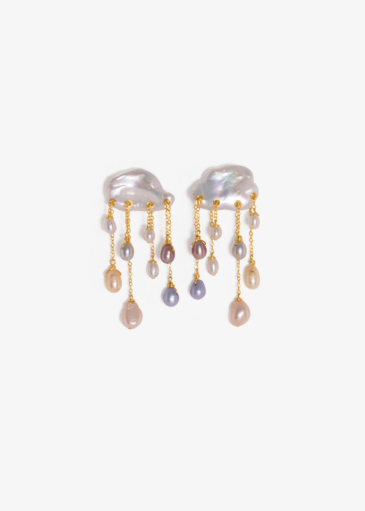 Rainstorm earrings, keshi pearl clouds with gold chains and multicolored teardrop pearl raindrops