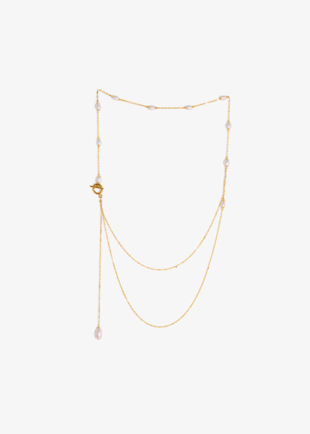 River Necklace, gold lariat with rice pearls, toggle, and draped chains