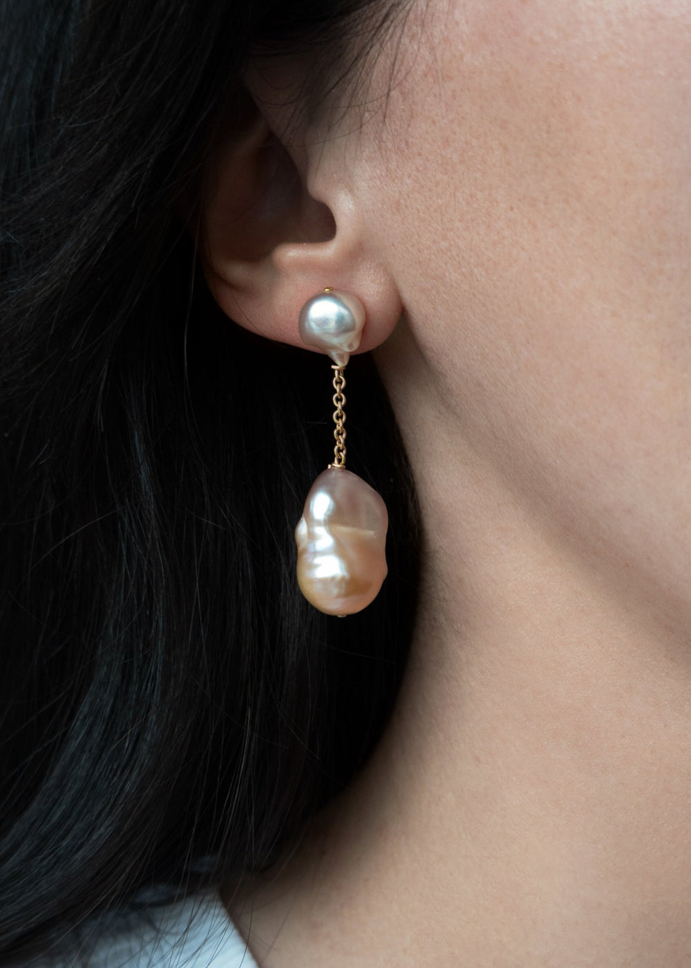 Riviera - Suspended from a delicate round box chain, luminous pink baroque pearls bring a touch of soft sophistication. Their irregular forms catch the light beautifully, celebrating individuality in every detail. 14K Solid Gold Pink Freshwater Baroque Pe