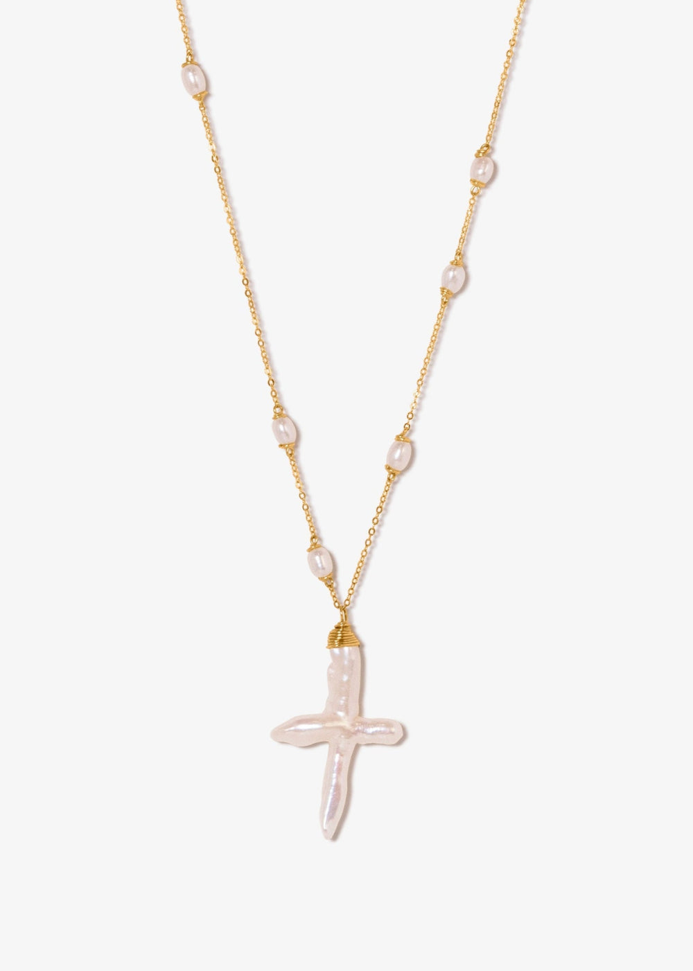 Gold-filled chain with dainty pearls and a baroque cross pearl pendant