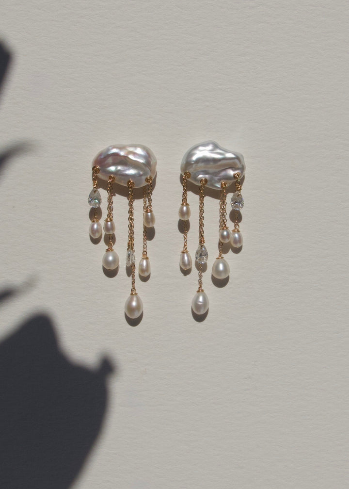 Skylight earrings on a light wall with plant shadow