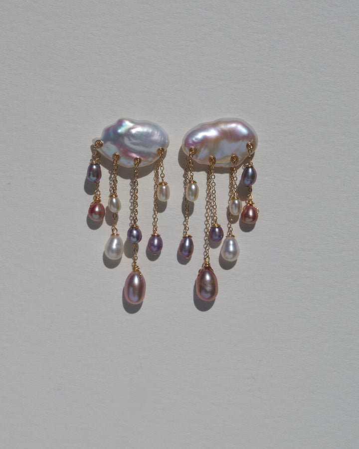 Tempest earrings, keshi pearl clouds with purple, pink, and white pearl raindrops