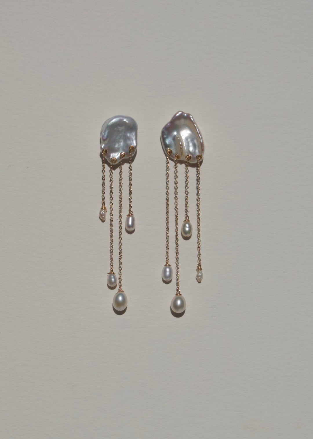 Sierra earrings, keshi pearl studs with four staggered gold chain pearl drops