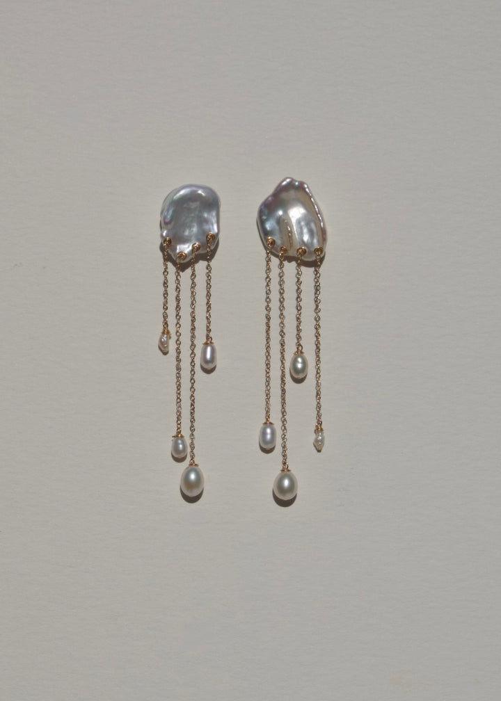 Sierra earrings, keshi pearl studs with four staggered gold chain pearl drops