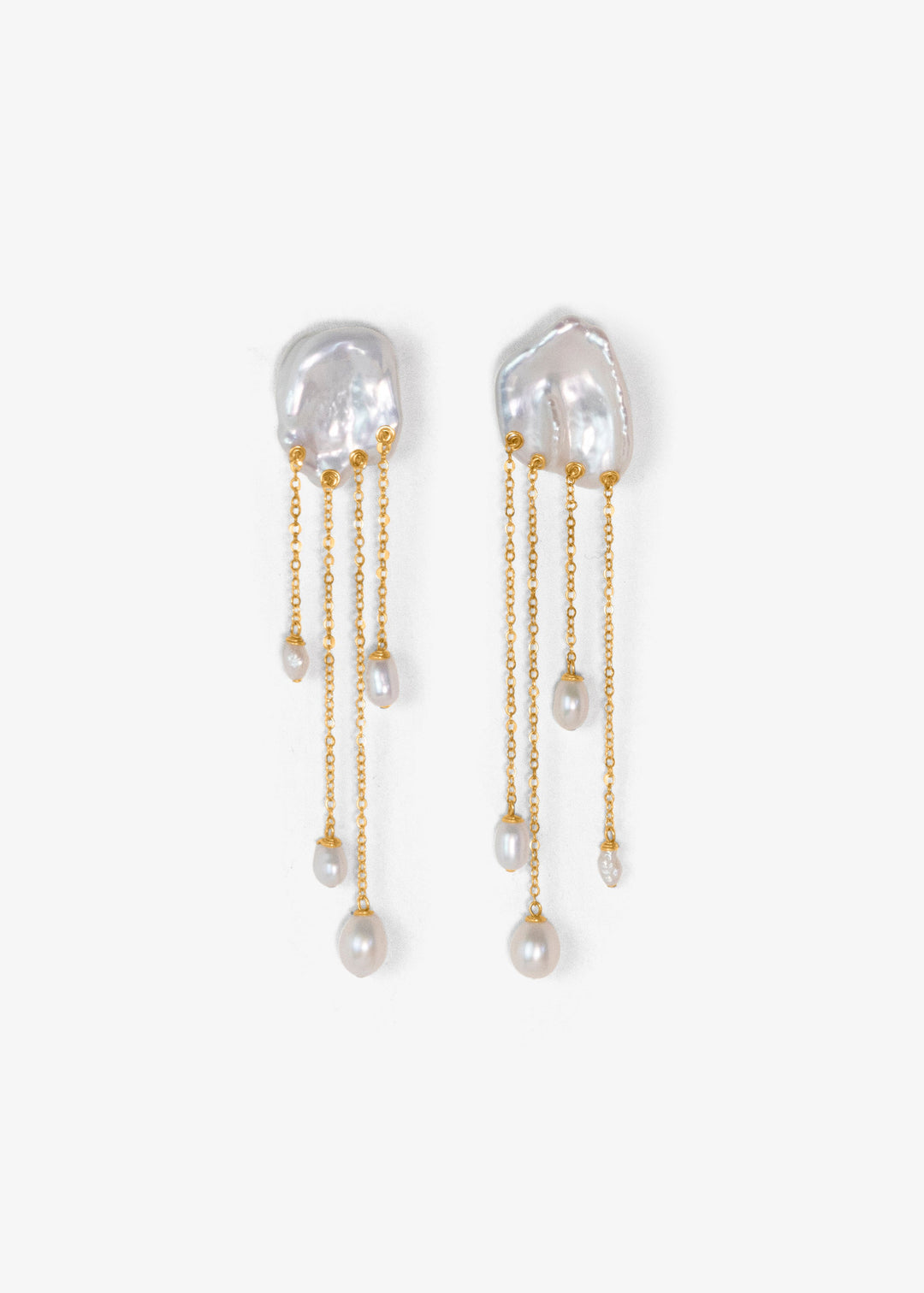 Sierra earrings, large keshi pearls with cascading gold chains and white teardrop pearl drops