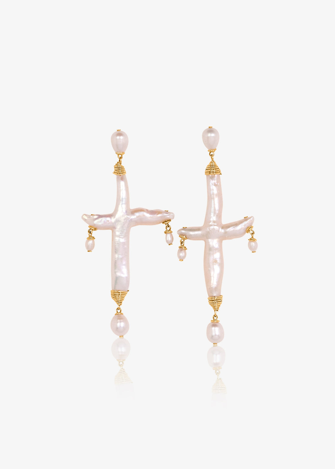 Cross pearl earrings with tear drop pearls