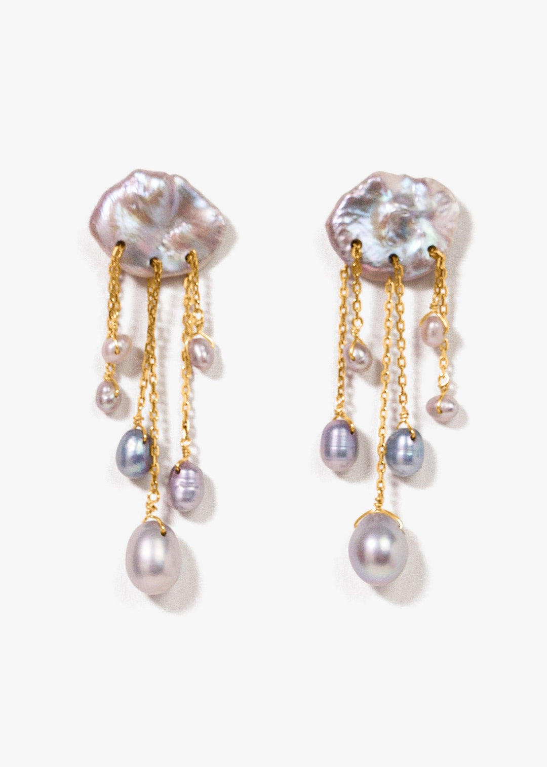 Gold-filled earrings with a keshi pearl and lustrous blue pearls