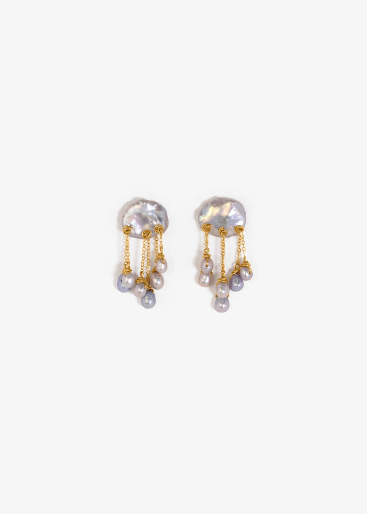 Gold-filled earrings with a keshi pearl and lustrous blue pearls