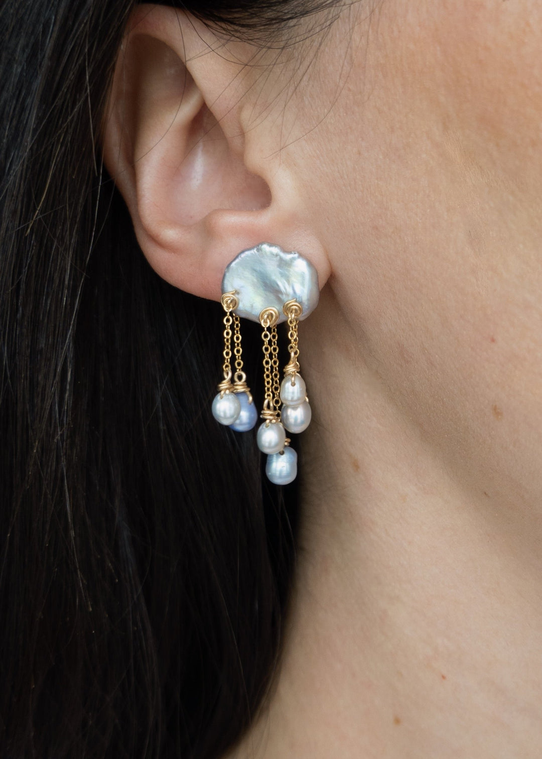 Gold-filled earrings with a keshi pearl and lustrous blue pearls