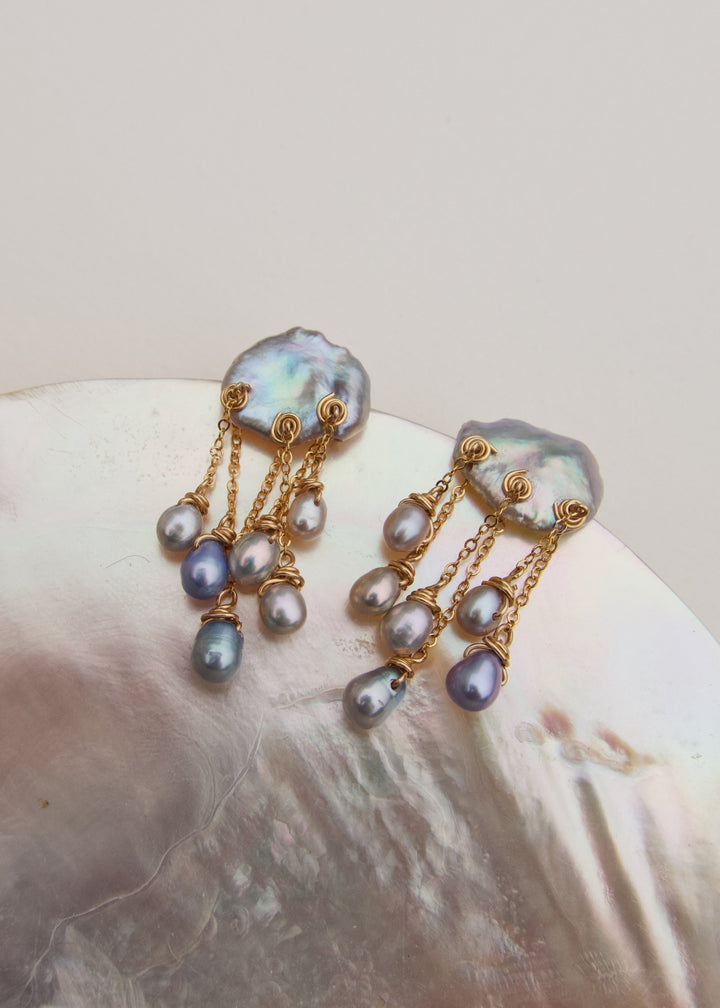 Gold-filled earrings with a keshi pearl and lustrous blue pearls