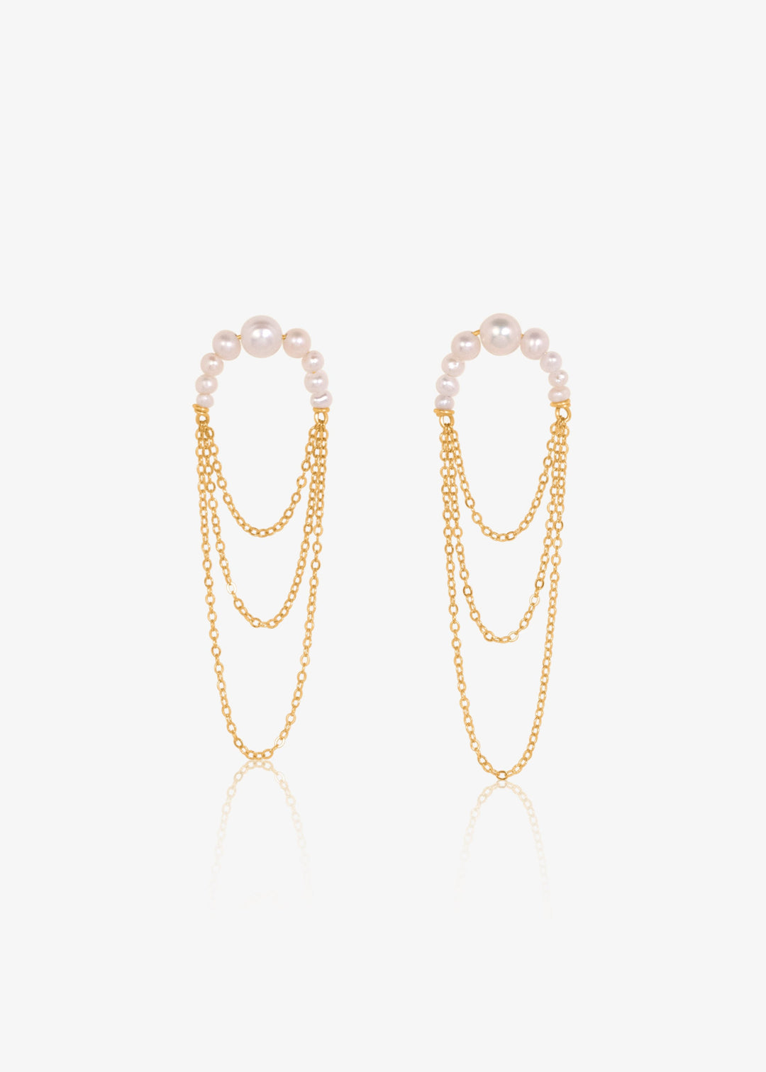 Earrings with three layered gold-filled chains and attached descending pearls