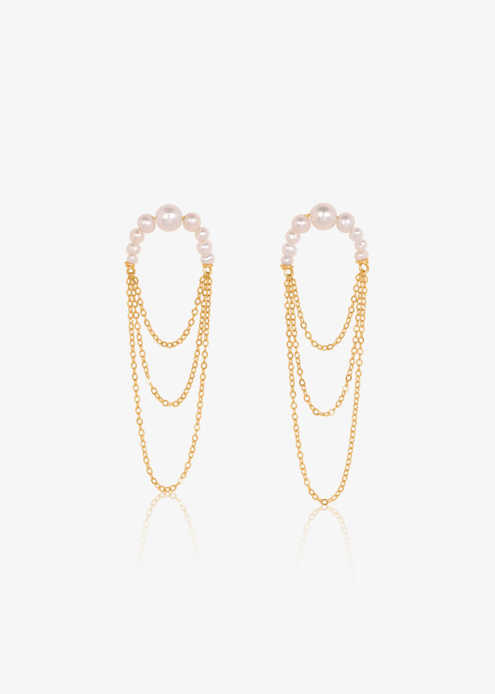 Earrings with three layered gold-filled chains and attached descending pearls