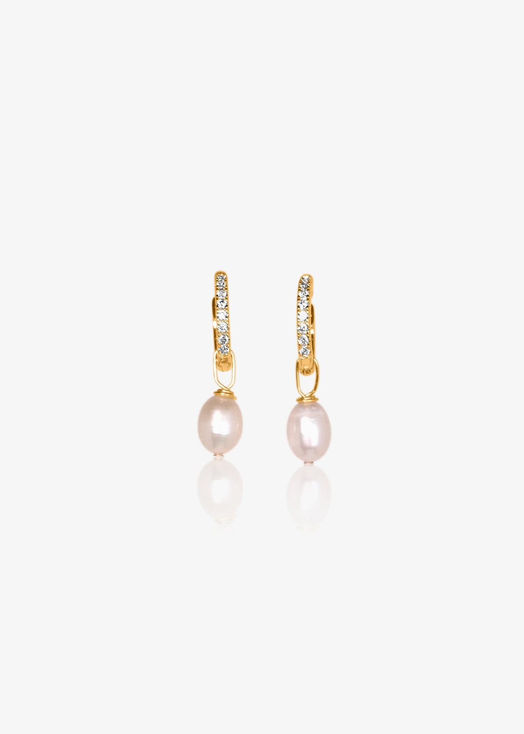 Gold-filled earrings with encrusted cubic zirconia and a small teardrop pearl