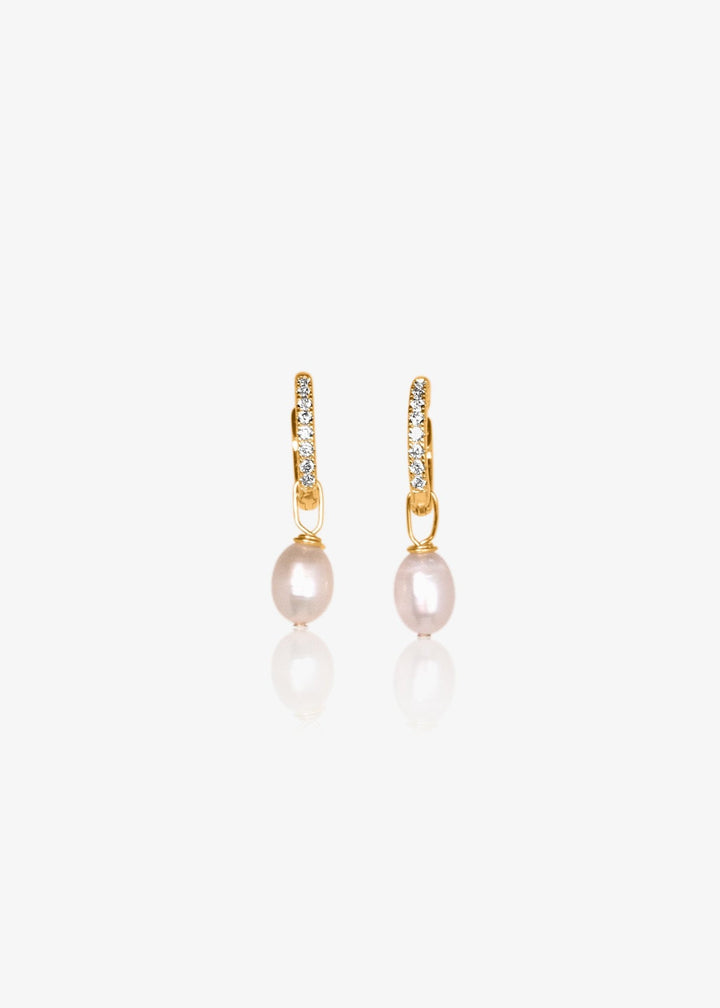 Gold-filled earrings with encrusted cubic zirconia and a small teardrop pearl