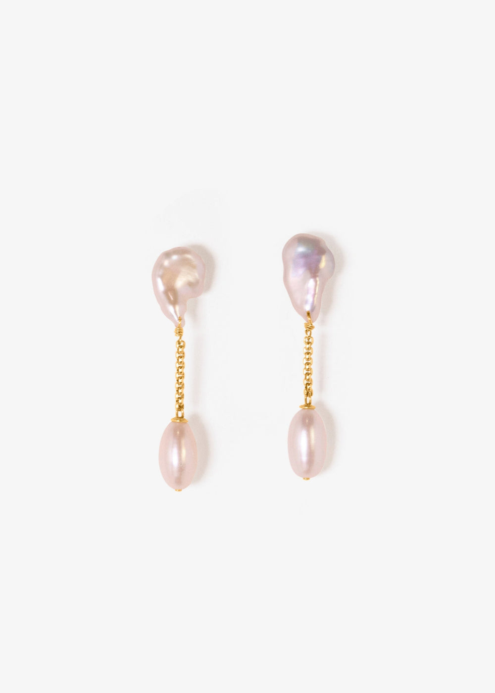 Vesper - Suspended from two striking keshi pearls and a gold round box chain, the large teardrop pearls bring a touch of soft sophistication. 14K Gold Chain & Posts Freshwater Keshi & Teardrop Pearls Length 2” This piece is a unique one-of-one, just like