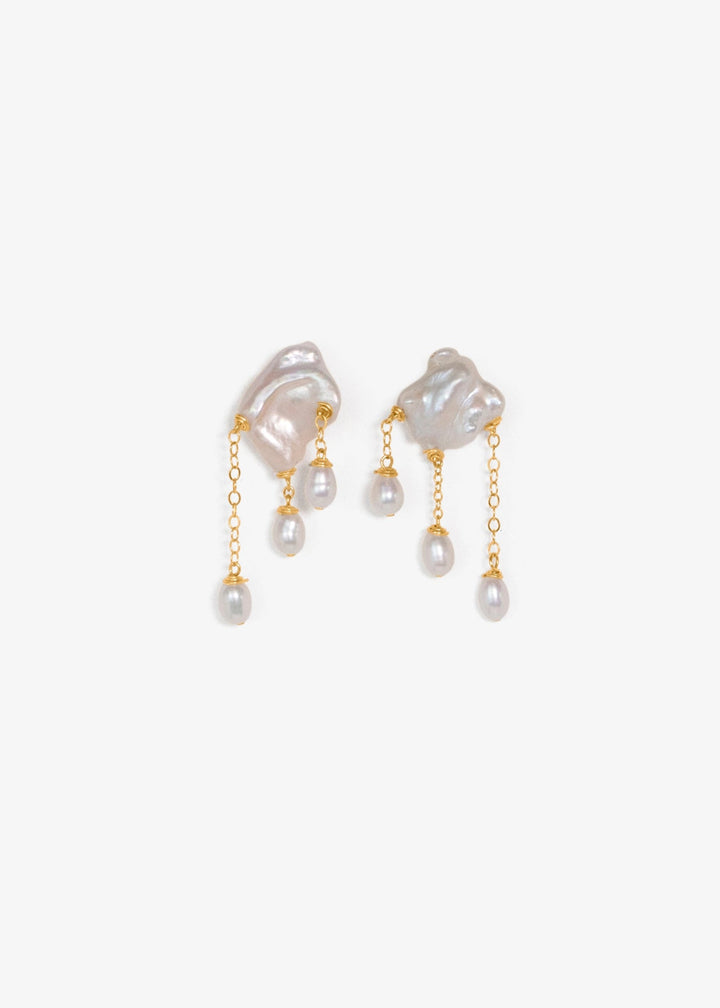Pair of pearl earrings with gold accents on a white background