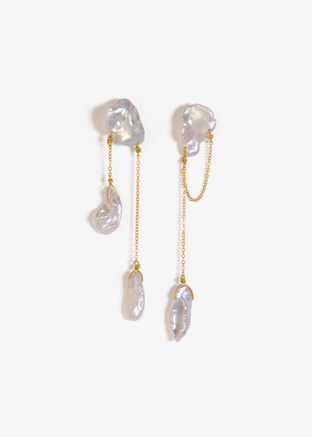 Solid gold earrings with different shaped keshi pearls