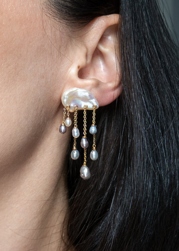 Dewdrop earrings worn on a model&