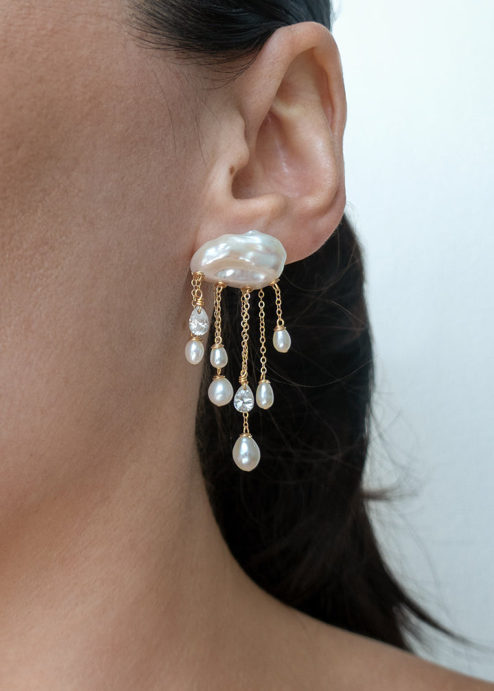 Skylight earrings worn on a model&