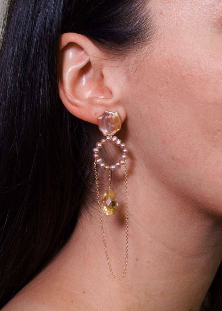 Gold-Filled earrings featuring pink bead circles & citrine gemstone pearl