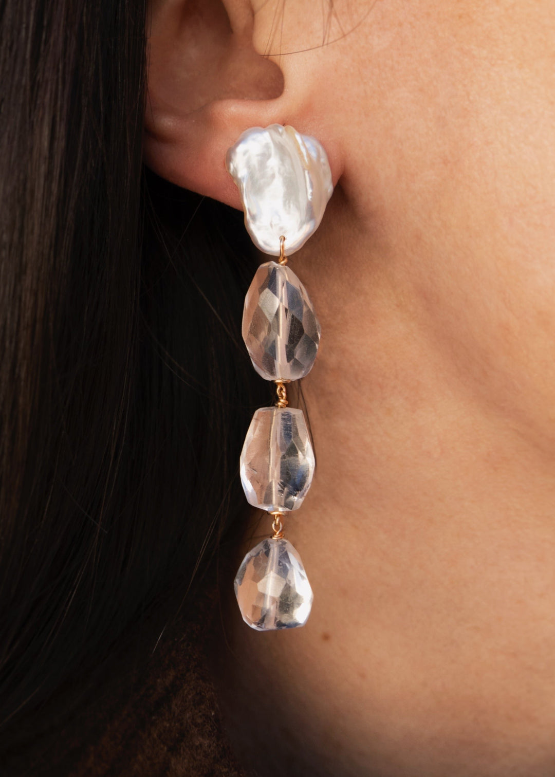 Gold-Filled keshi pearl earrings with teardrop crystal quartz